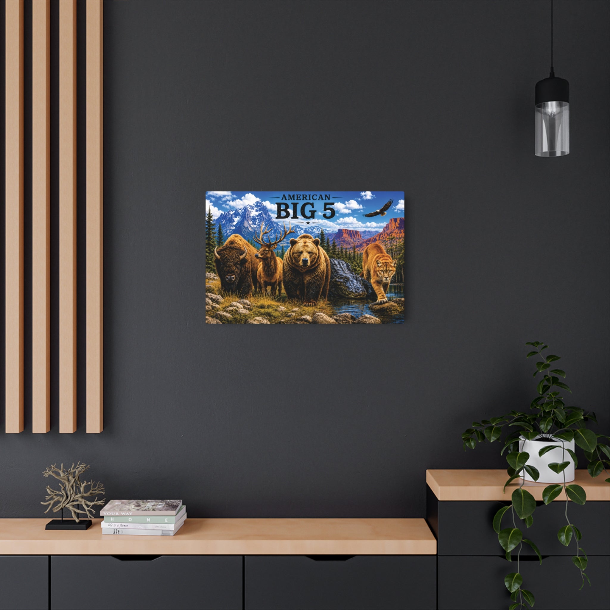 American Big 5 Wildlife Metal Art Sign — Bison, Elk, Bear, Alligator & Cougar Wilderness Wall Decor