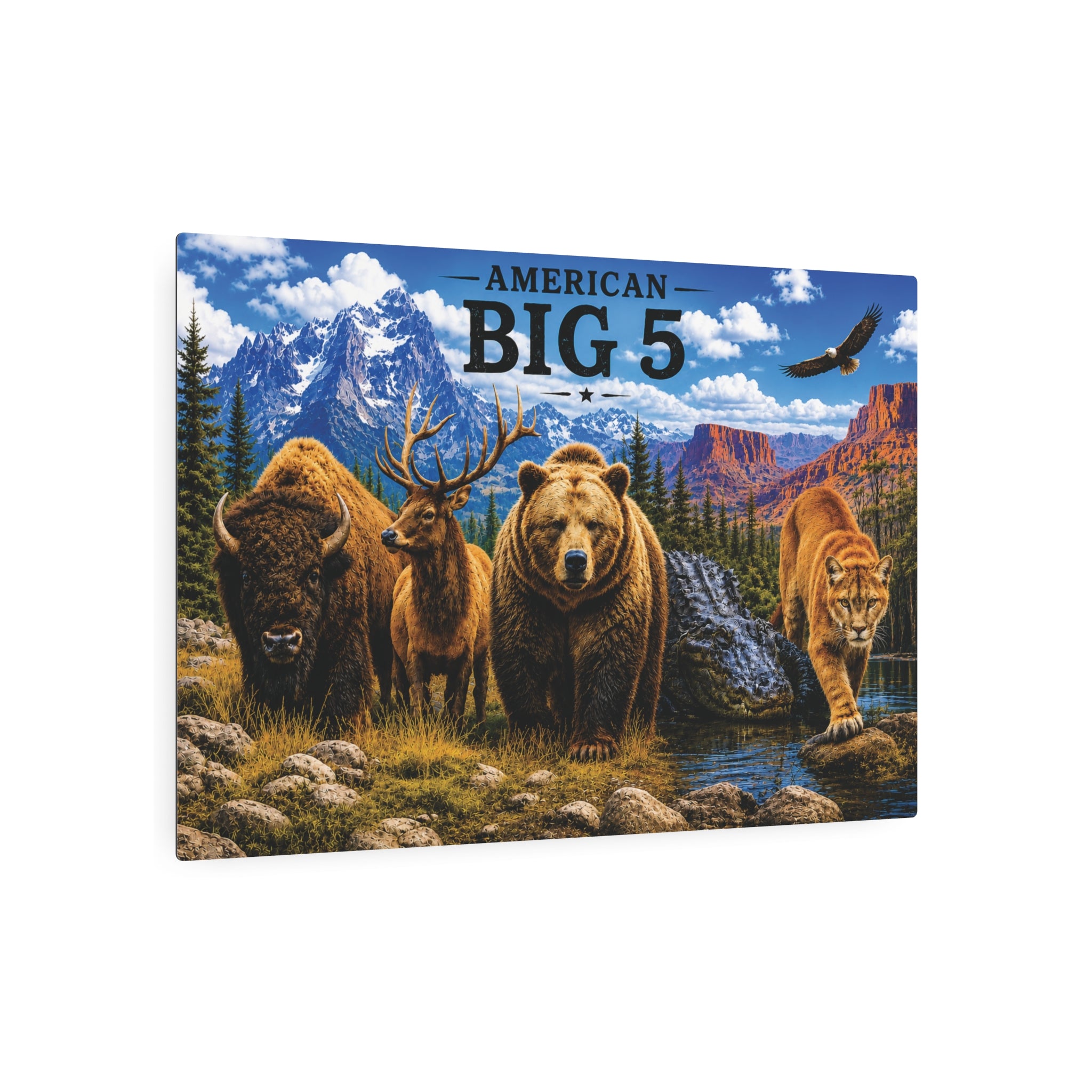 American Big 5 Wildlife Metal Art Sign — Bison, Elk, Bear, Alligator & Cougar Wilderness Wall Decor