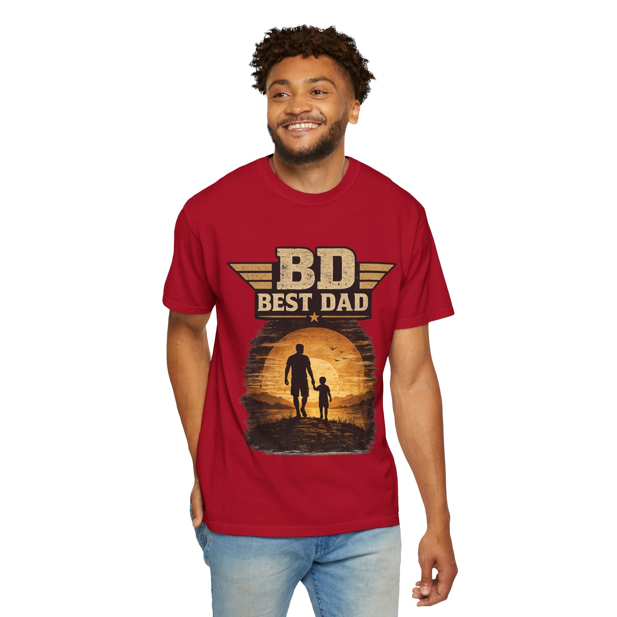 Best Dad T-Shirt — 'BD Best Dad' Father & Son Retro Sunset Tee (Protector, Leader, Supporter)