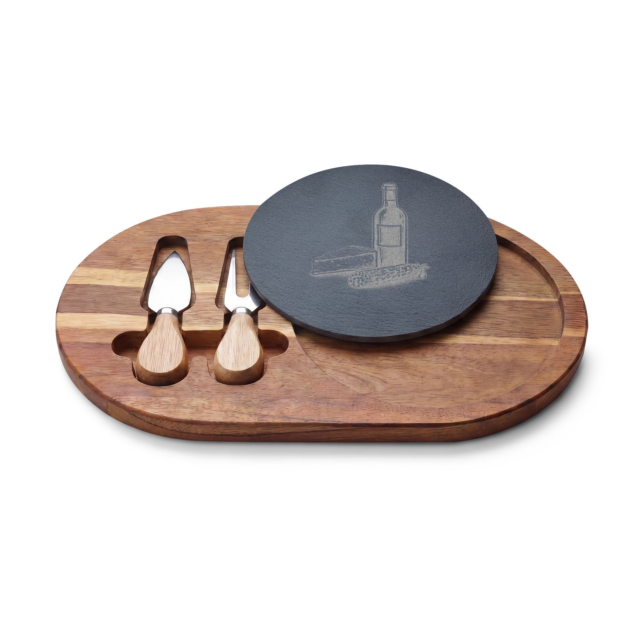 Personalized Engraved Acacia Charcuterie Board with Slate Insert & Cheese Tools