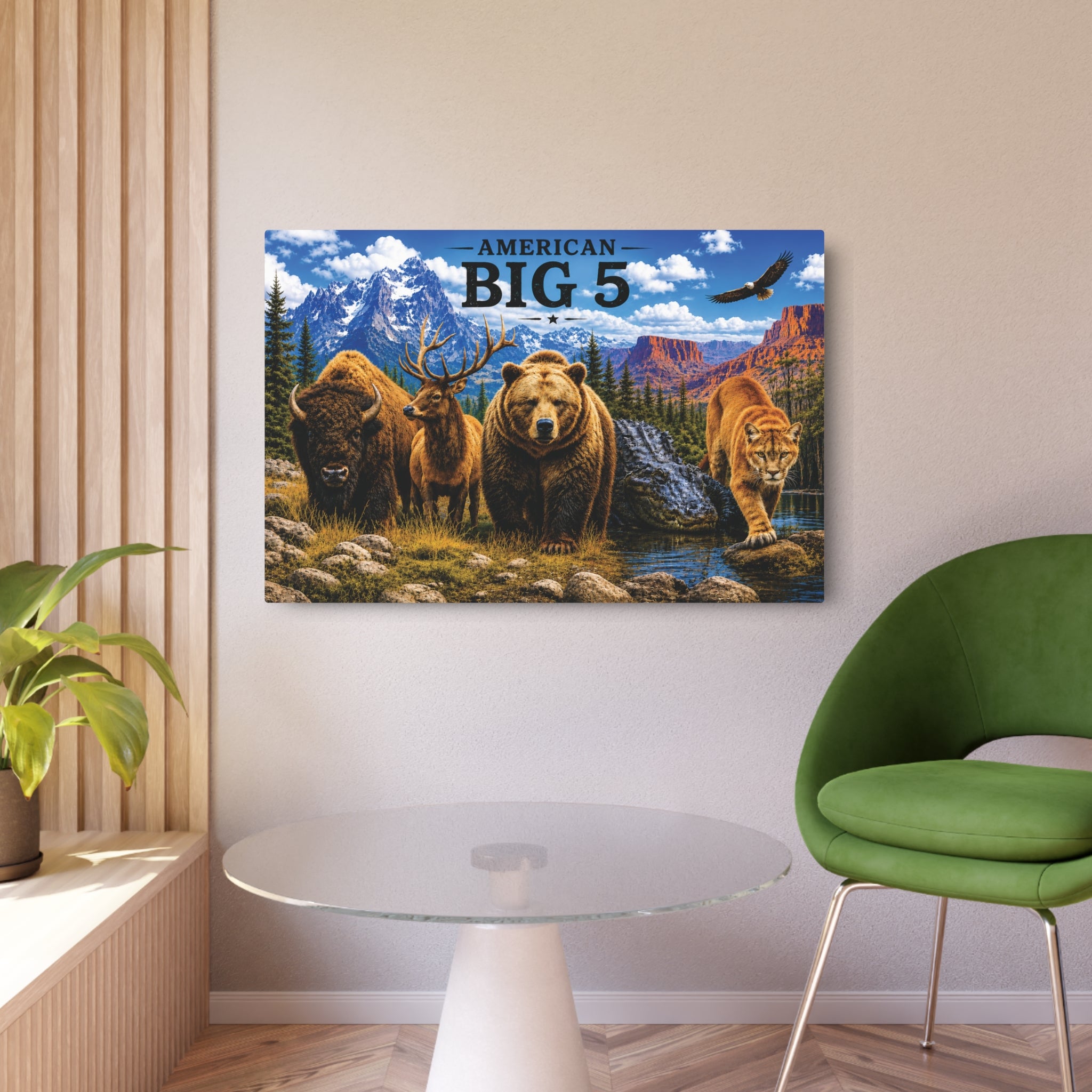 American Big 5 Wildlife Metal Art Sign — Bison, Elk, Bear, Alligator & Cougar Wilderness Wall Decor