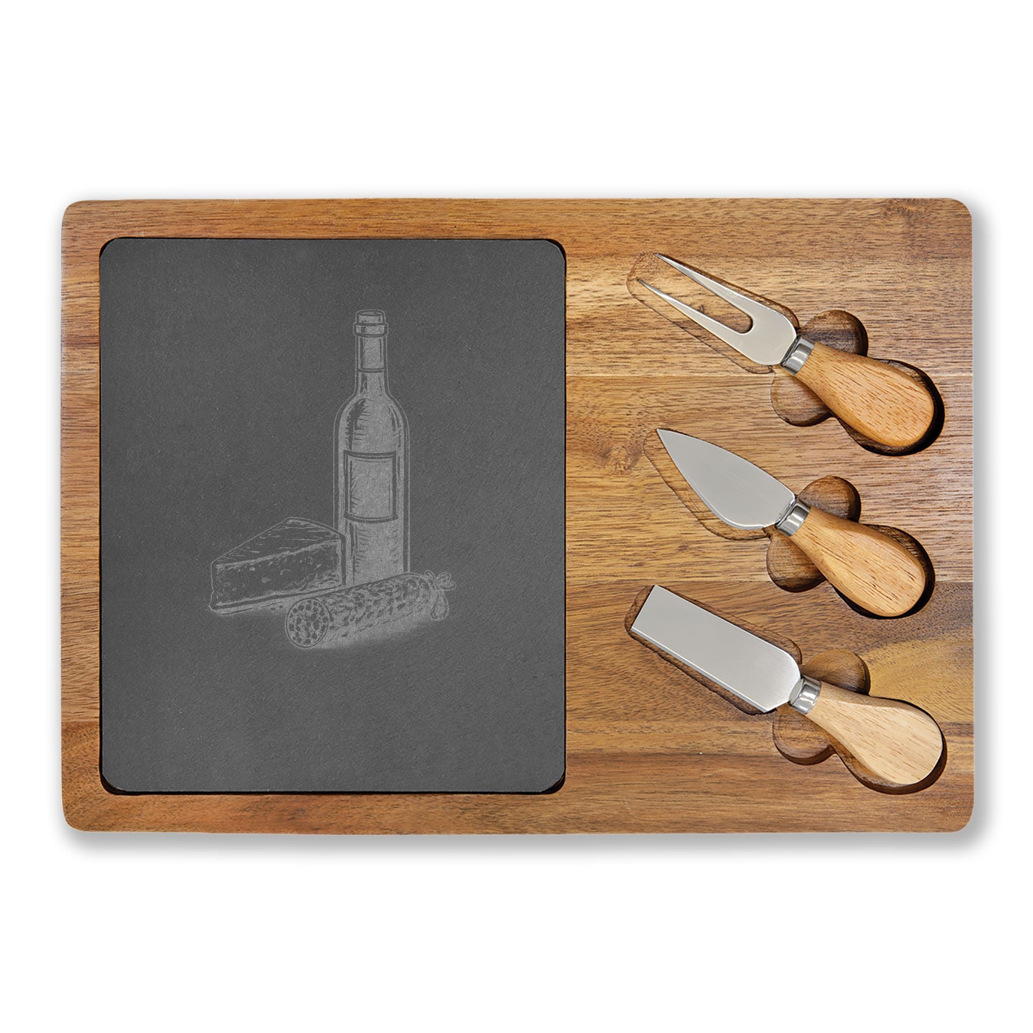 Personalized Engraved Acacia Charcuterie Board with Slate Insert & Cheese Tools