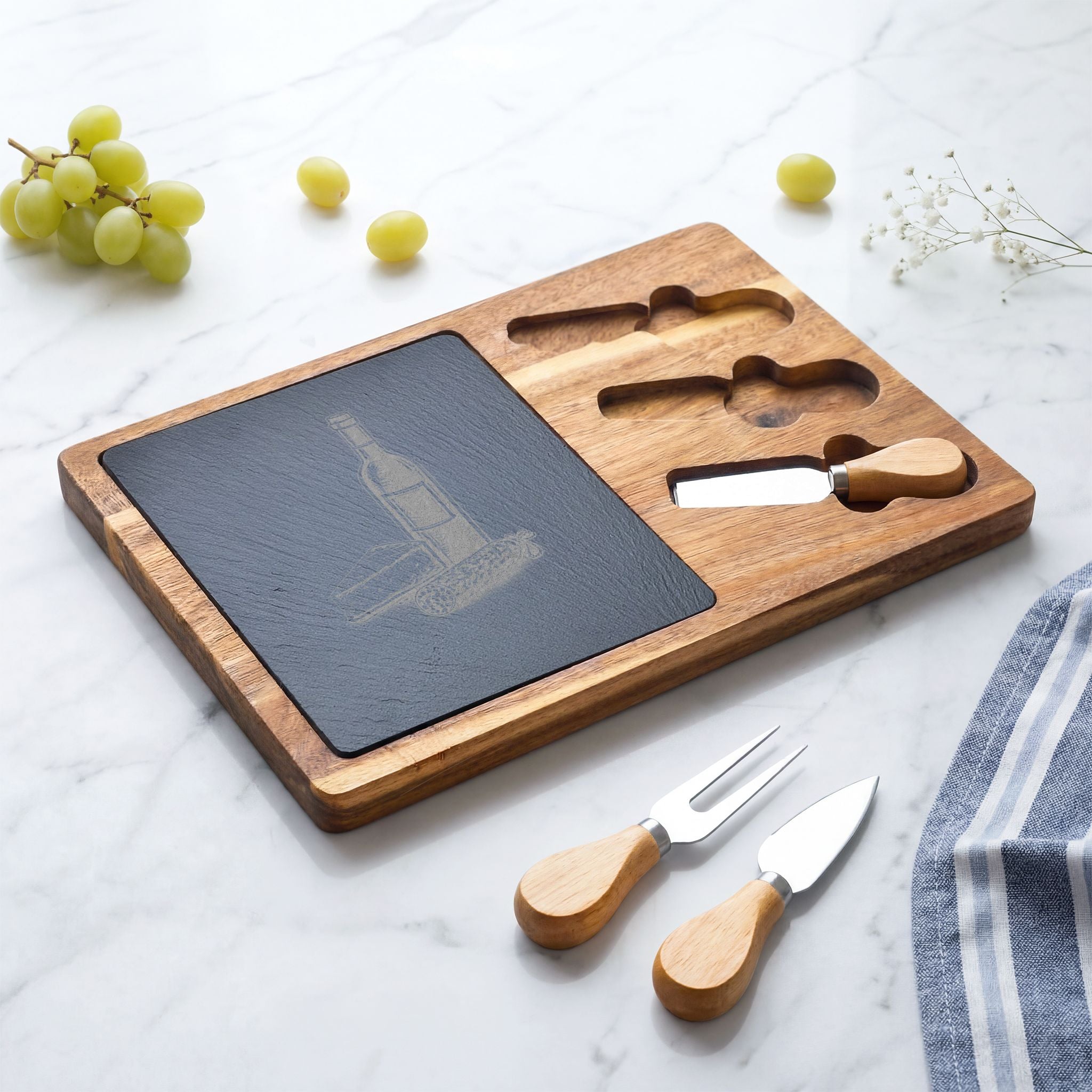Personalized Engraved Acacia Charcuterie Board with Slate Insert & Cheese Tools