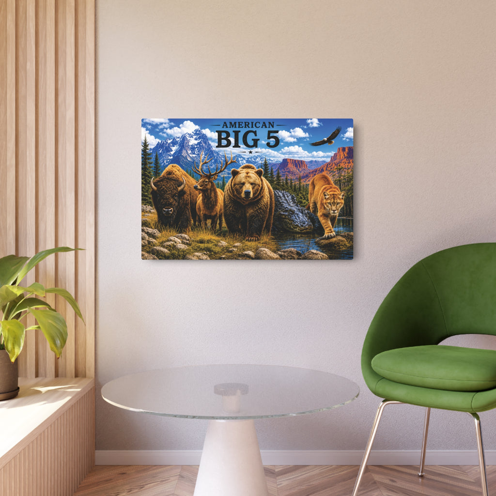 American Big 5 Wildlife Metal Art Sign — Bison, Elk, Bear, Alligator & Cougar Wilderness Wall Decor