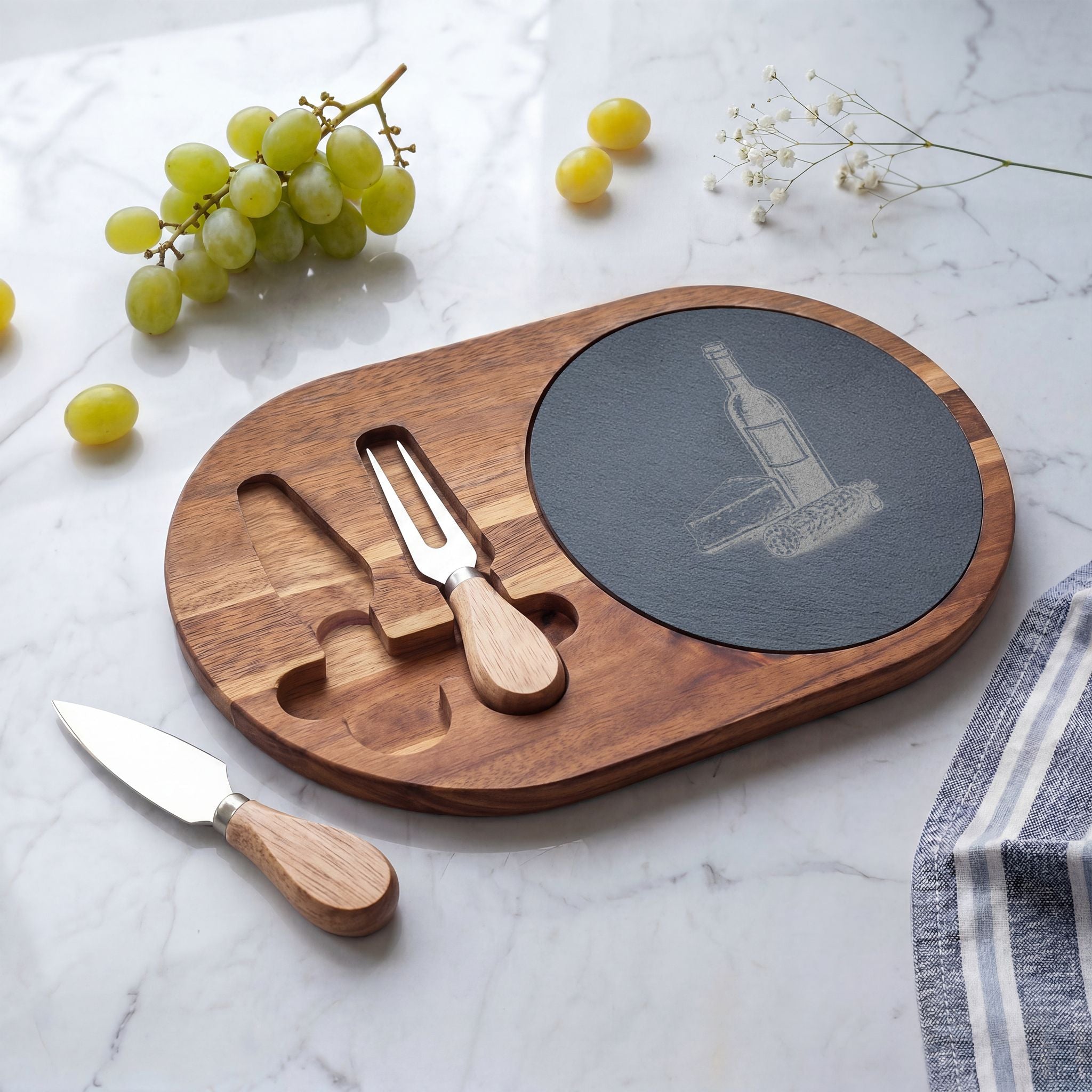 Personalized Engraved Acacia Charcuterie Board with Slate Insert & Cheese Tools