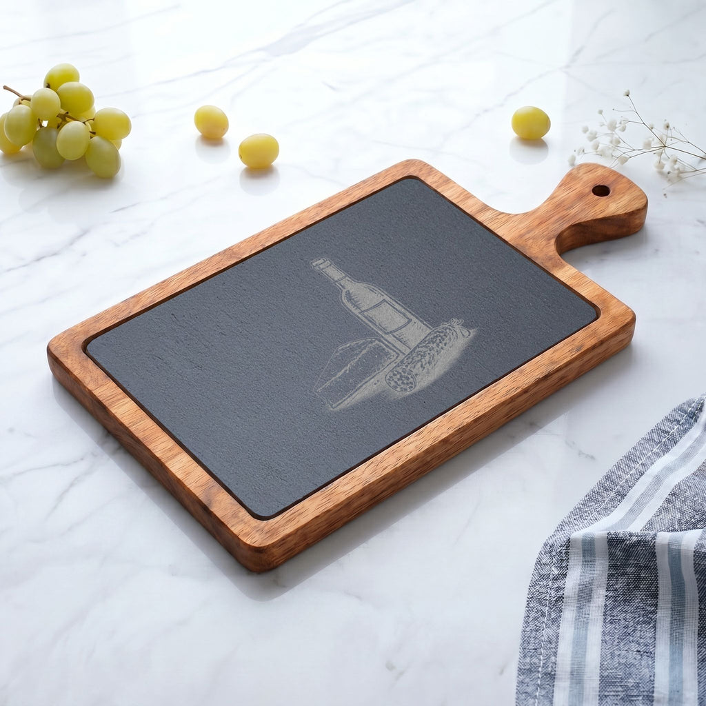 Personalized Engraved Acacia Charcuterie Board with Slate Insert & Cheese Tools