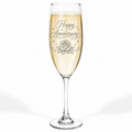 Engraved Anniversary Champagne Glass — "Happy Anniversary" Cursive with Rose