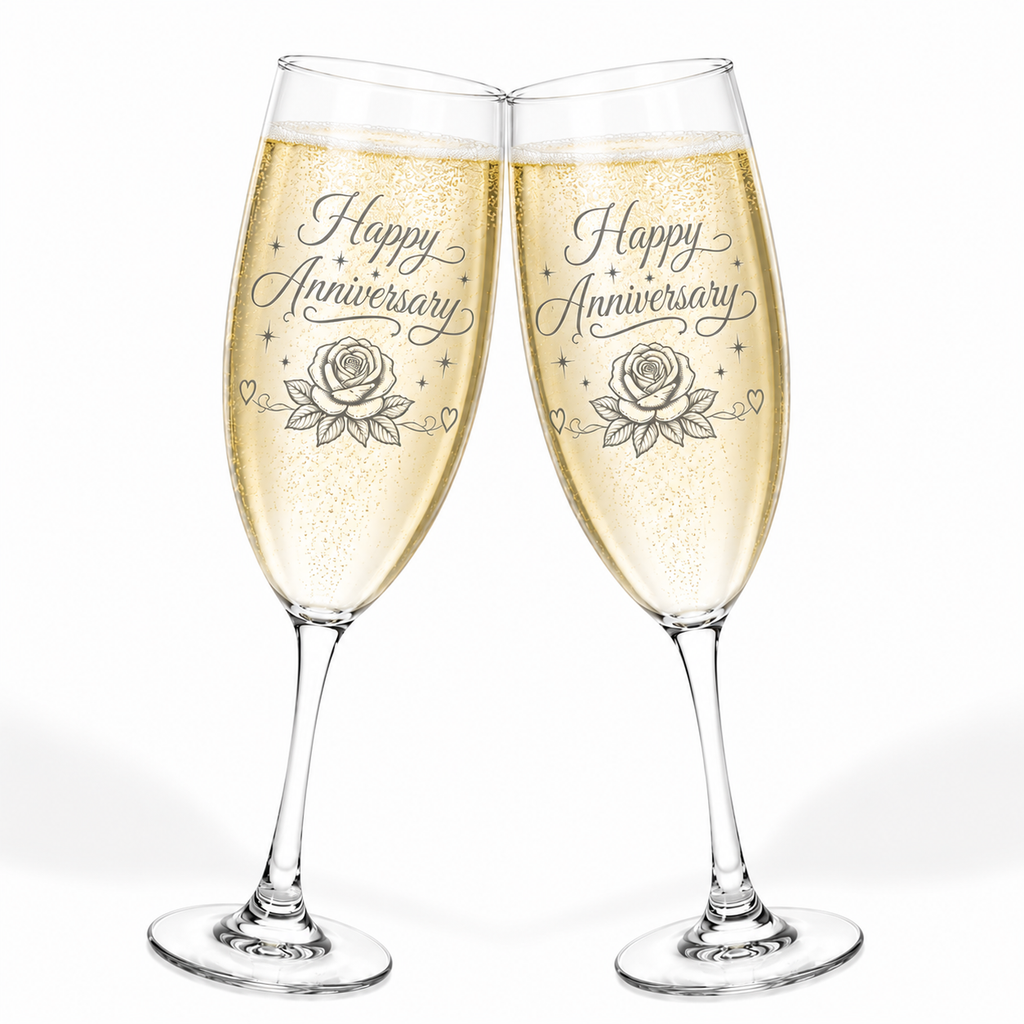 Engraved Anniversary Champagne Glass — "Happy Anniversary" Cursive with Rose