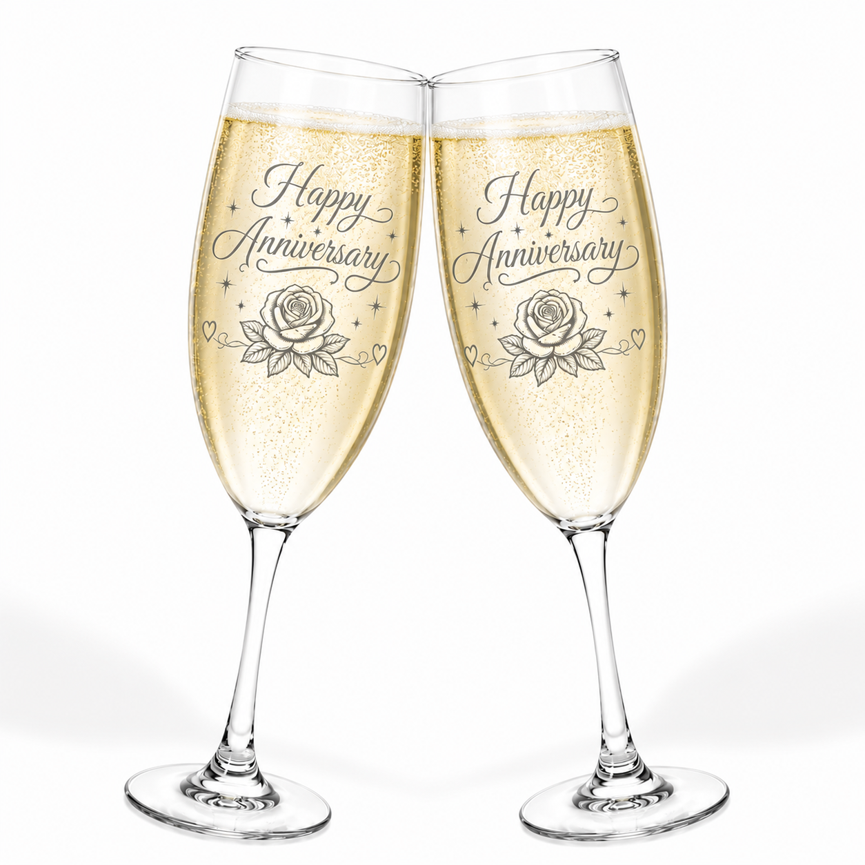 Engraved Anniversary Champagne Glass — "Happy Anniversary" Cursive with Rose