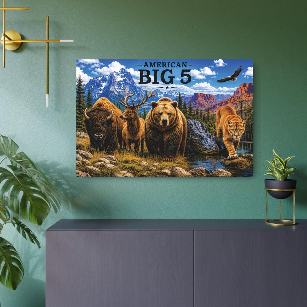 American Big 5 Wildlife Metal Art Sign — Bison, Elk, Bear, Alligator & Cougar Wilderness Wall Decor