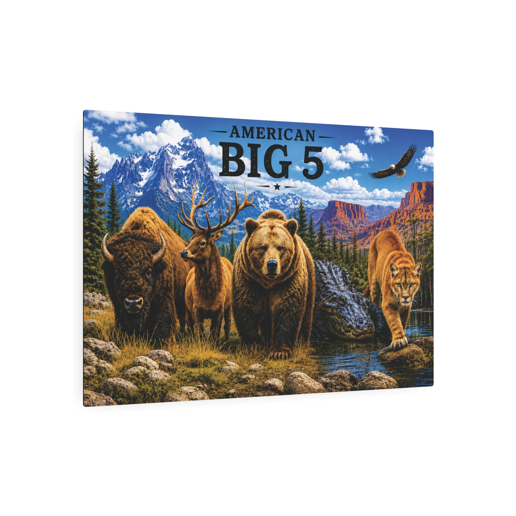 American Big 5 Wildlife Metal Art Sign — Bison, Elk, Bear, Alligator & Cougar Wilderness Wall Decor