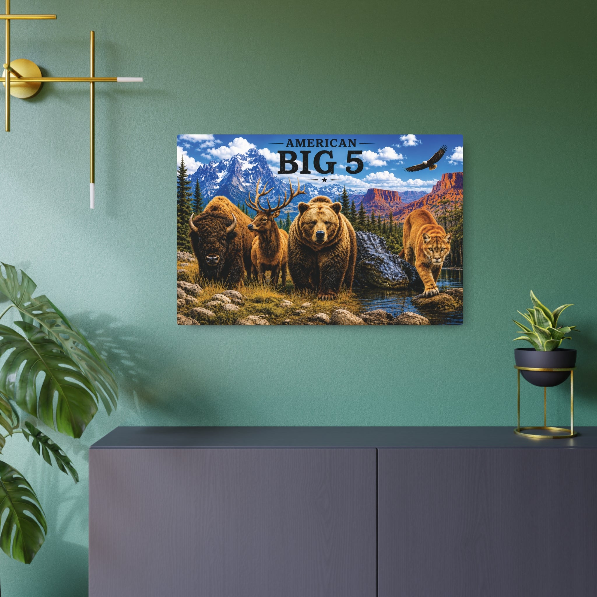 American Big 5 Wildlife Metal Art Sign — Bison, Elk, Bear, Alligator & Cougar Wilderness Wall Decor