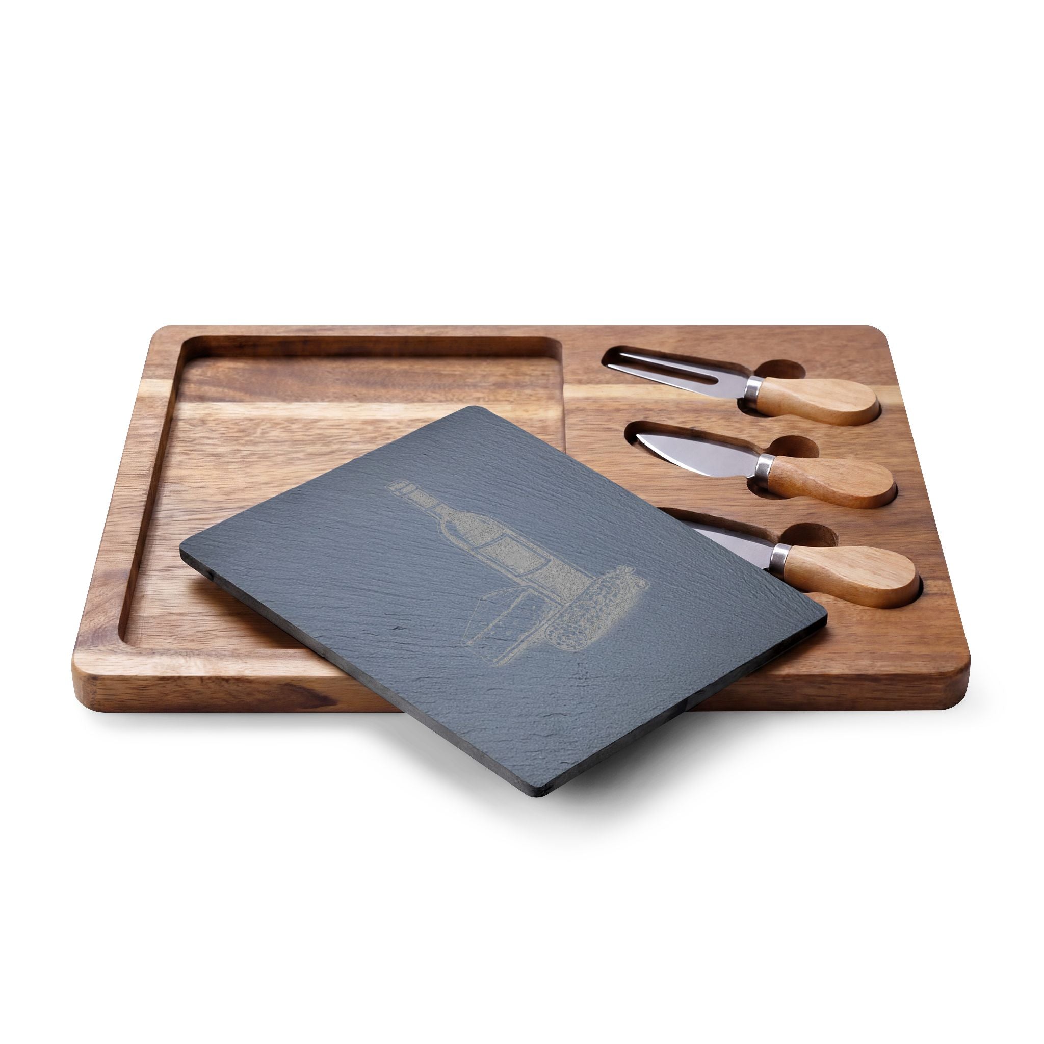 Personalized Engraved Acacia Charcuterie Board with Slate Insert & Cheese Tools