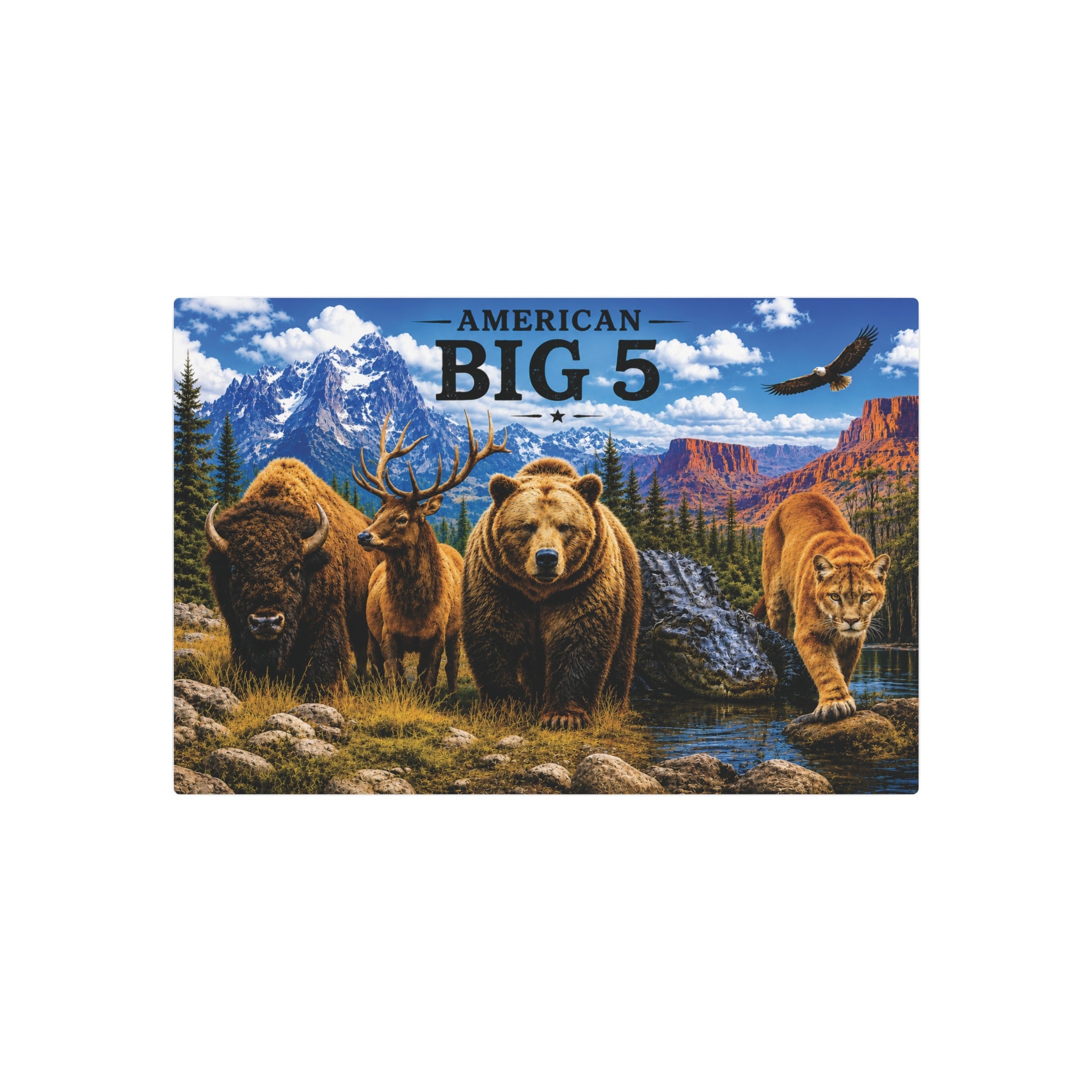 American Big 5 Wildlife Metal Art Sign — Bison, Elk, Bear, Alligator & Cougar Wilderness Wall Decor