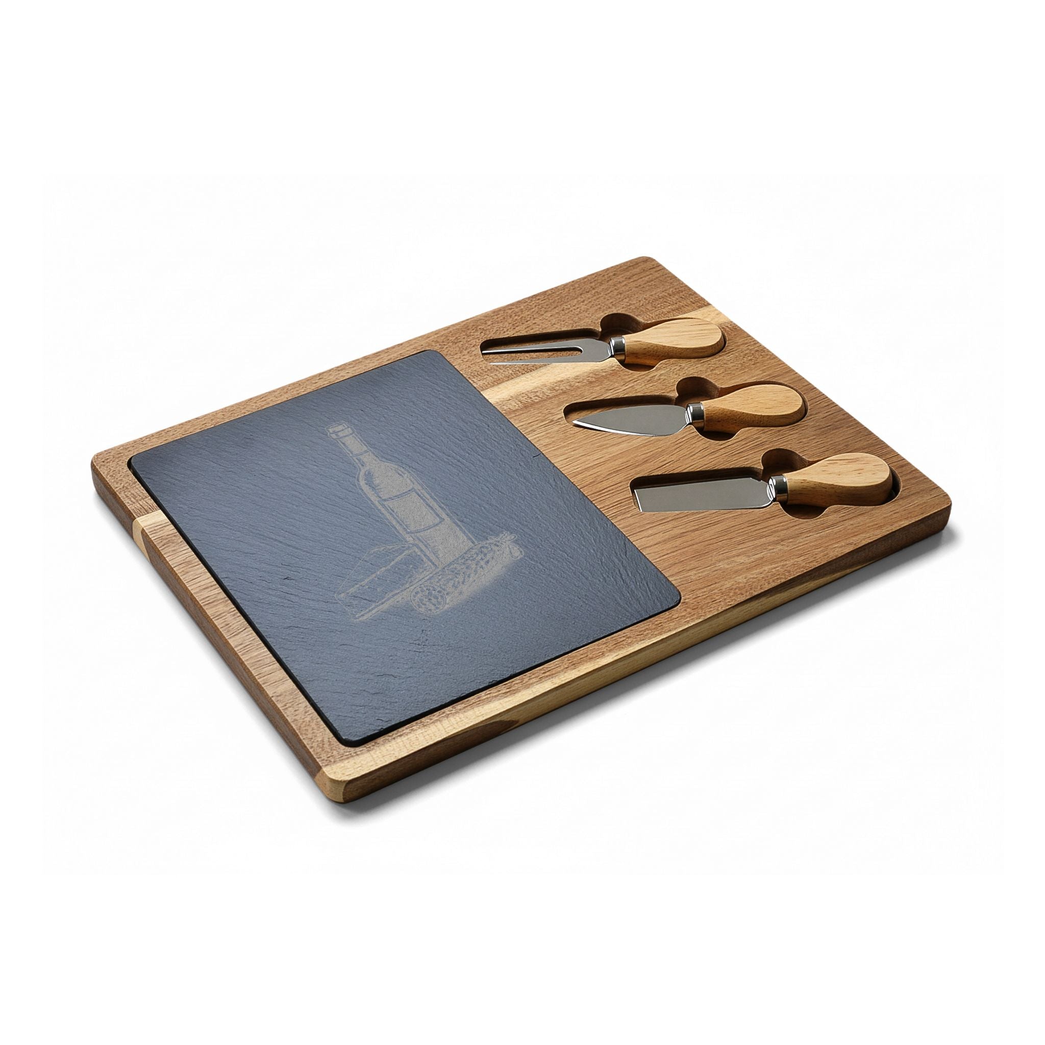 Personalized Engraved Acacia Charcuterie Board with Slate Insert & Cheese Tools