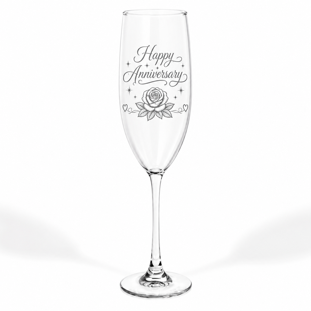Engraved Anniversary Champagne Glass — "Happy Anniversary" Cursive with Rose